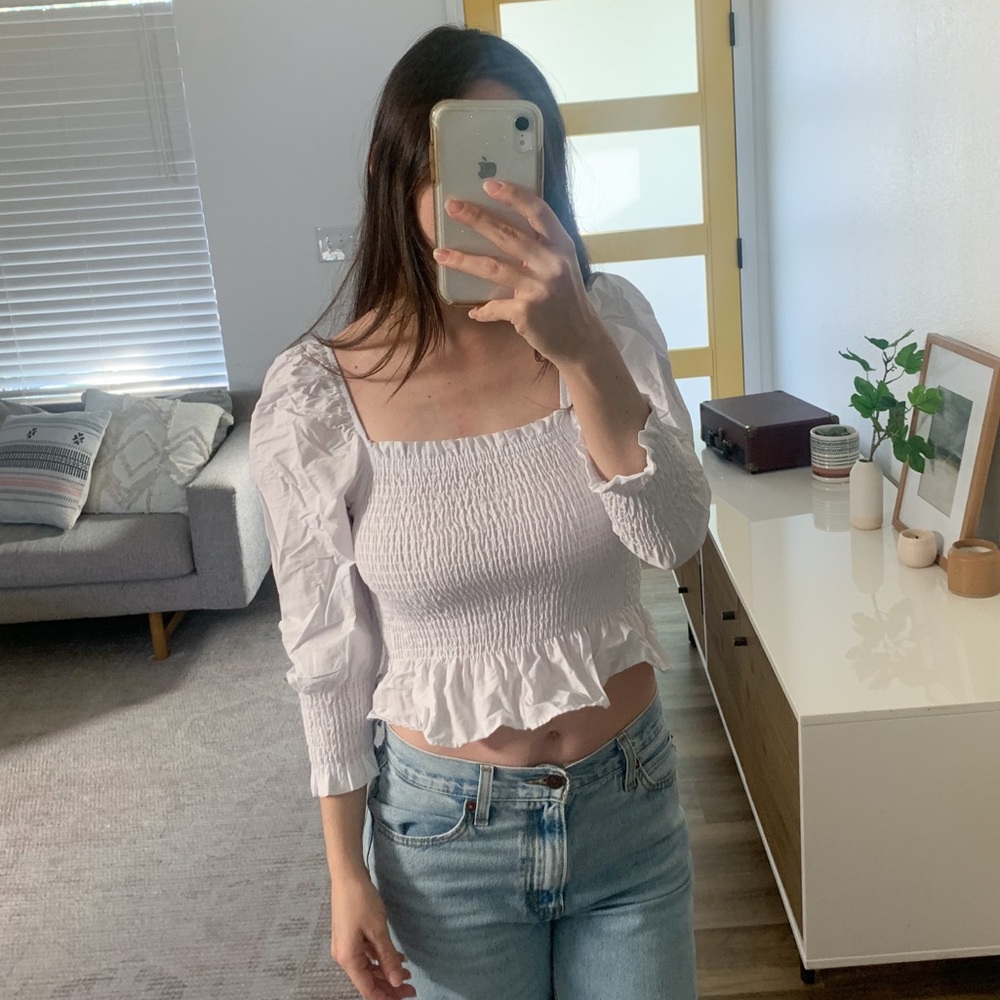 Zara White Smocked Peplum Blouse